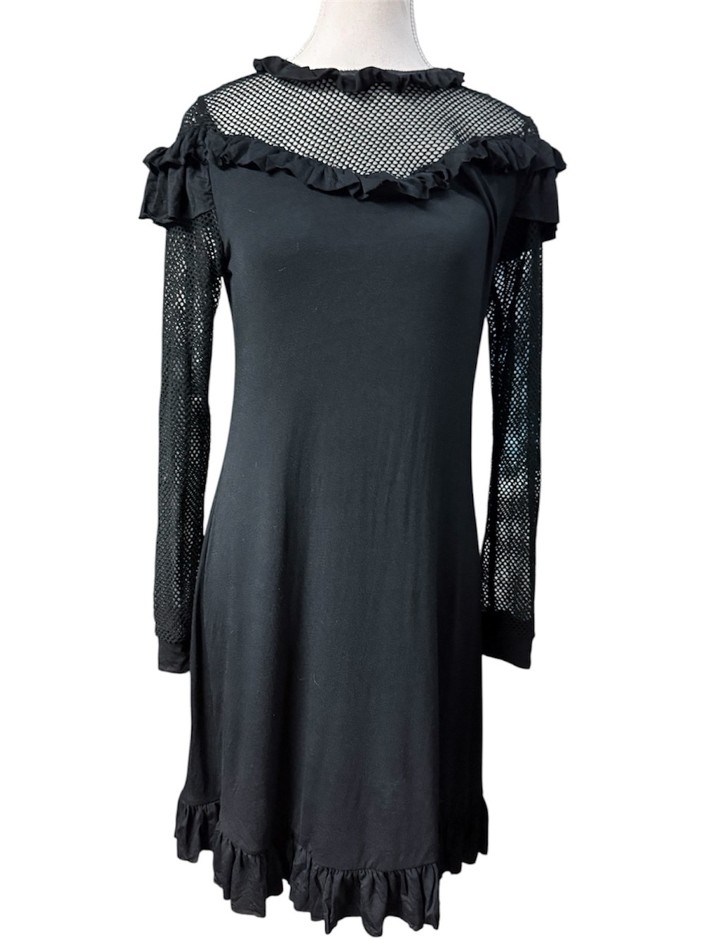 Disturbia black dress with ruffles and fishnet sleeves